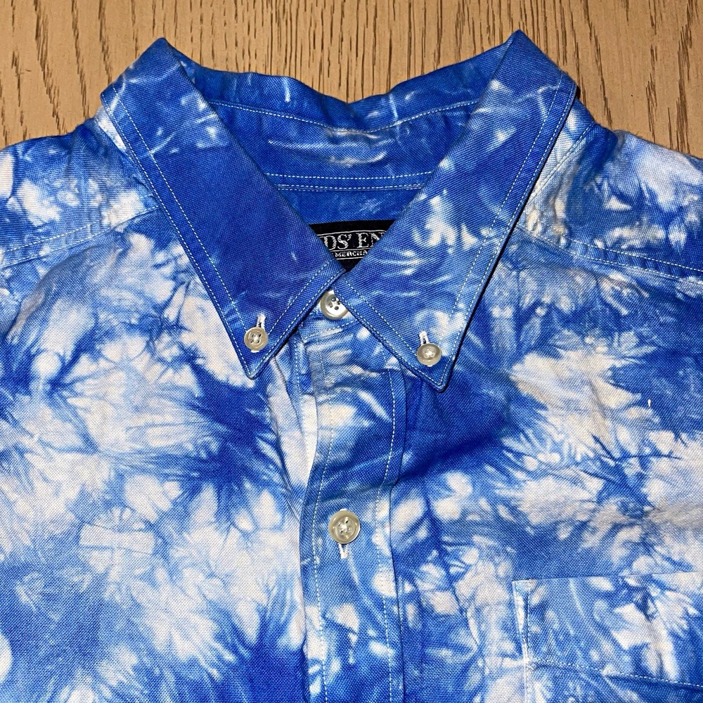 Vintage Lands End Tie Dye Shirt Mens XL Blue White Cotton Button Down S/S